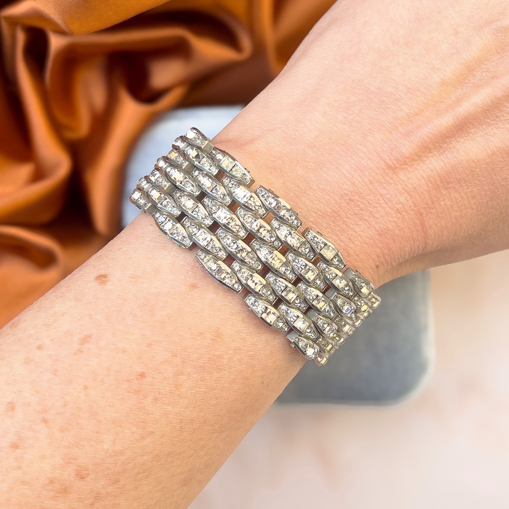 Schreiber and Hiller 1930s Art Deco Channel Set Paste Vintage Statement Bracelet